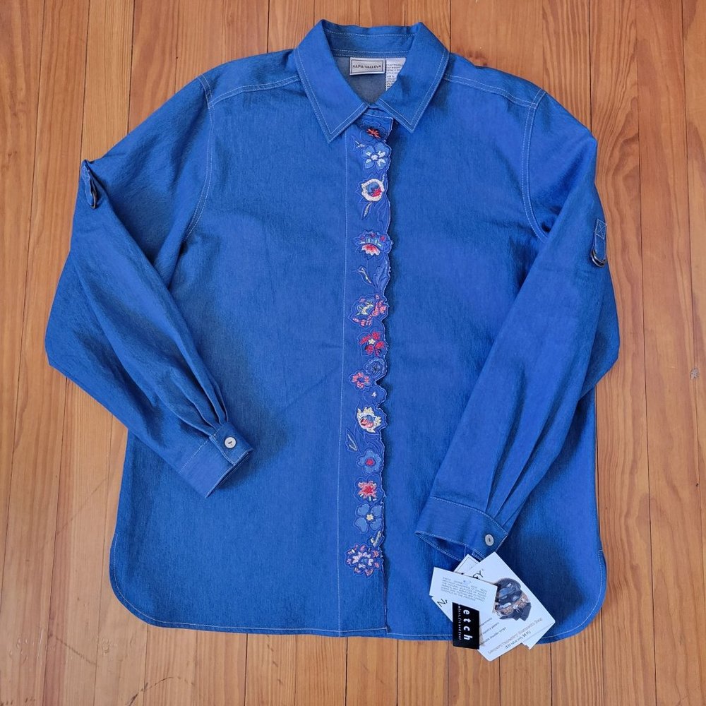 Napa Valley L Blue Jean Denim Embroidered Top Blouse NWT Vintage Western Cottage